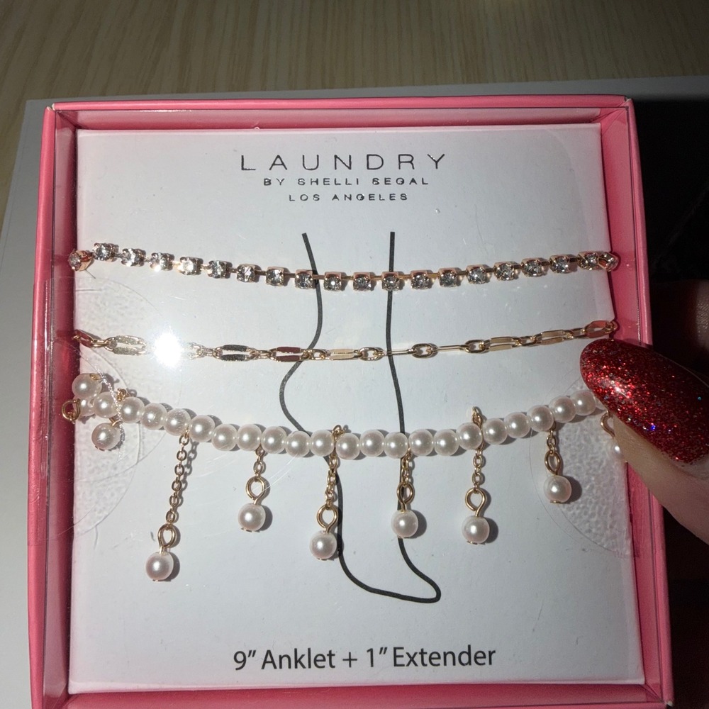 Laundry by Shelli Segal 3 Piece Anklet Set 9 Inch Extender Rose Gold Pearls - Picture 3 of 5